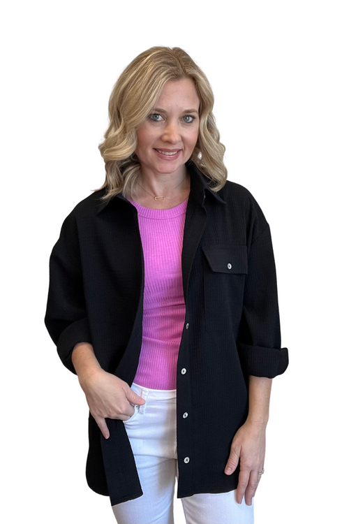 Waffle Knit Long Sleeve Button Down