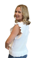White Knit Ruffle Sleeve Top