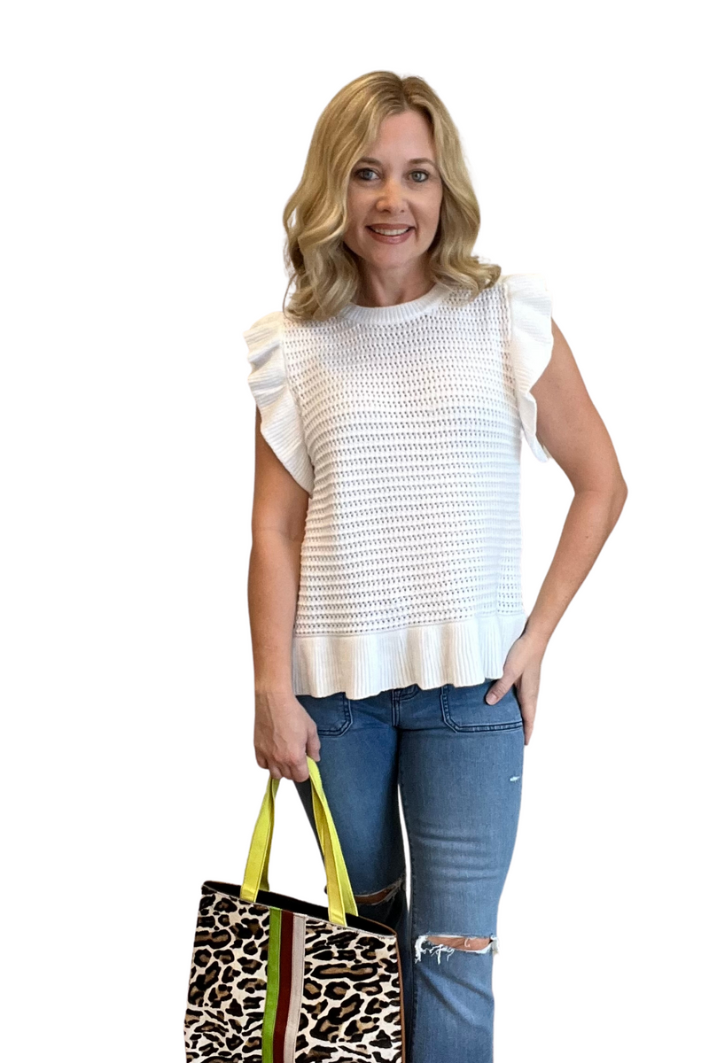 White Knit Ruffle Sleeve Top