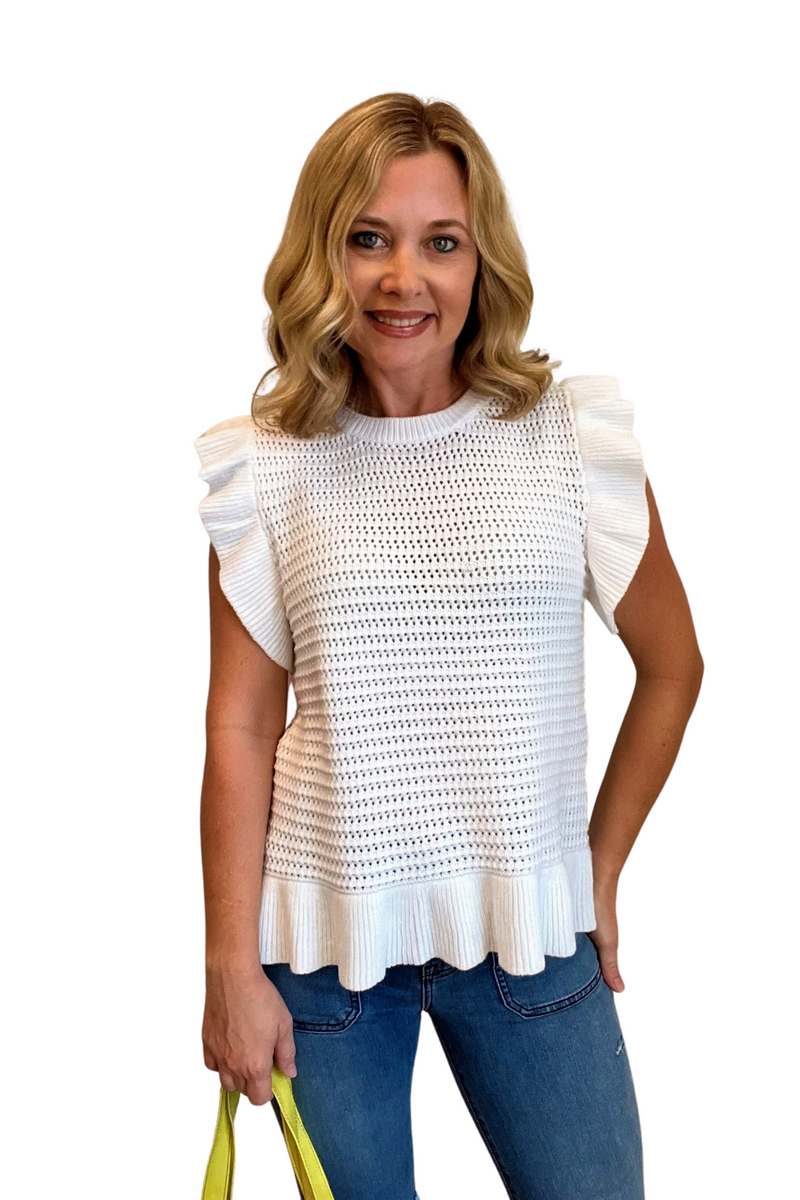 White Knit Ruffle Sleeve Top