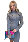Gray Cable Knit Sweater Dress with Adjustable Turtleneck