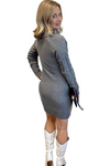 Gray Cable Knit Sweater Dress with Adjustable Turtleneck