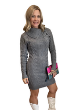 Gray Cable Knit Sweater Dress with Adjustable Turtleneck