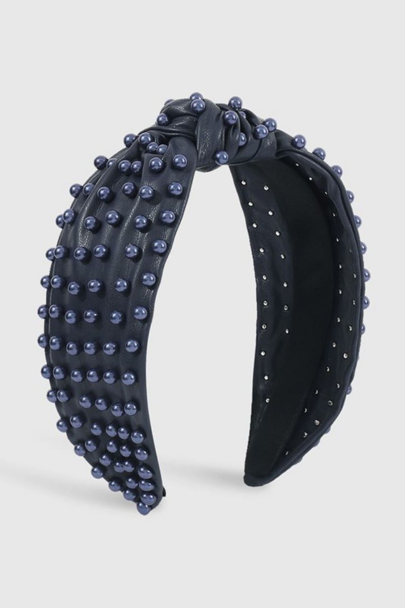 Vegan Leather Headband with Faux Pearls