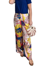 Leaf Print Satin Wide Leg Pants