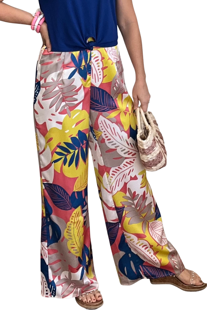 Leaf Print Satin Wide Leg Pants