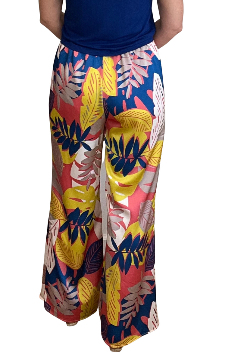 Leaf Print Satin Wide Leg Pants