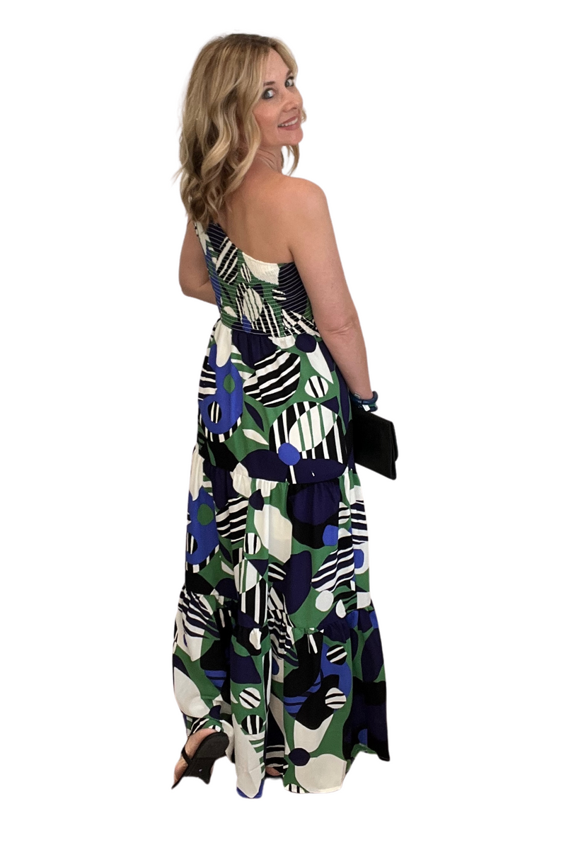 One Shoulder Smocked Bodice Maxi Dress