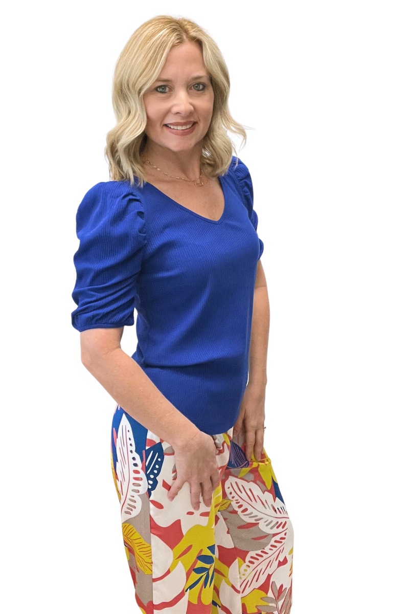 Ribbed Knit Puff Short Sleeve Top