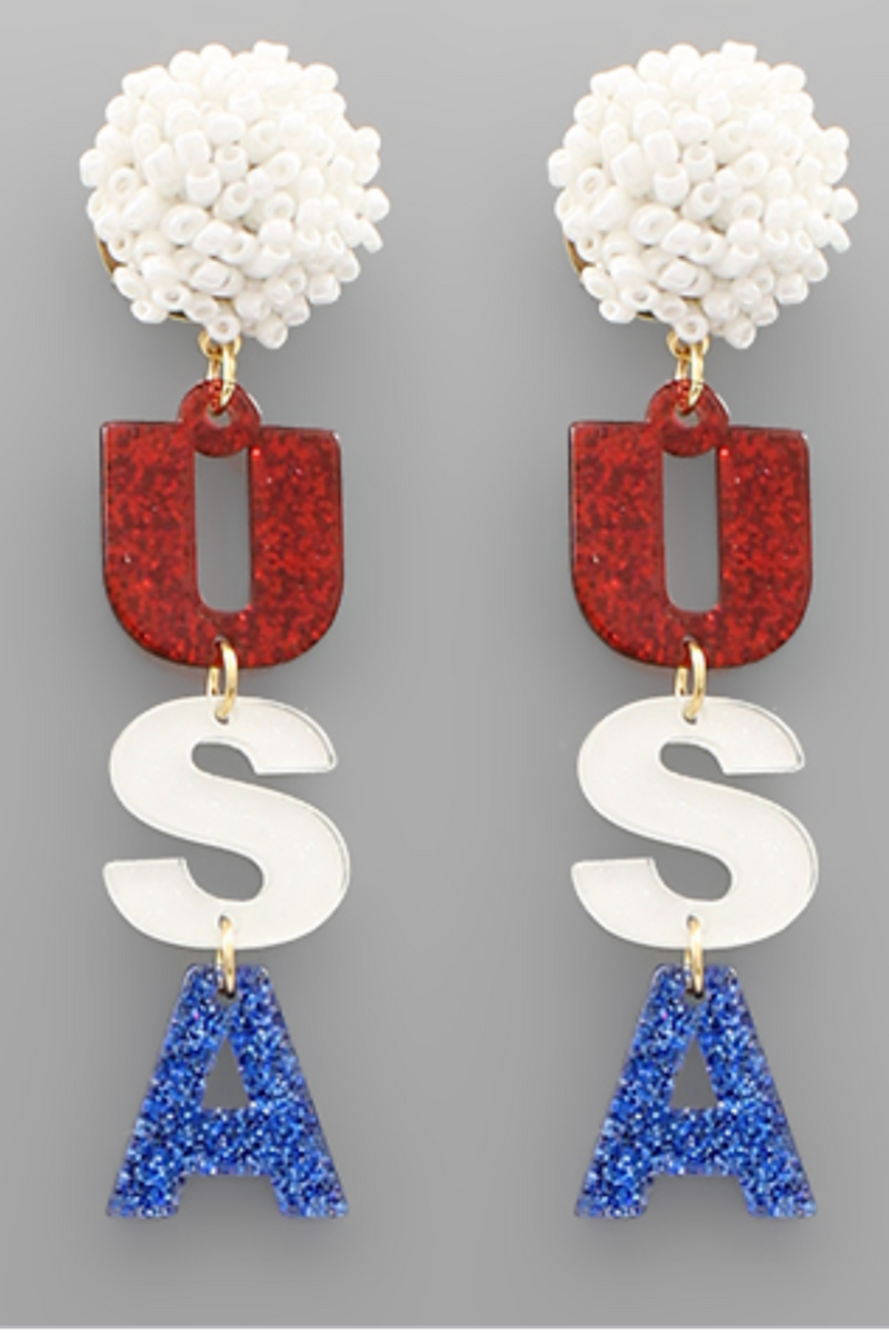 USA Letter Pom Pom Earrings