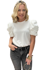 Ribbed Top with Contrast Puff Sleeve