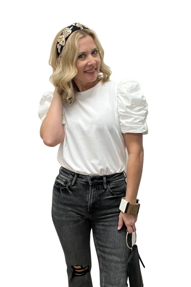 Ribbed Top with Contrast Puff Sleeve