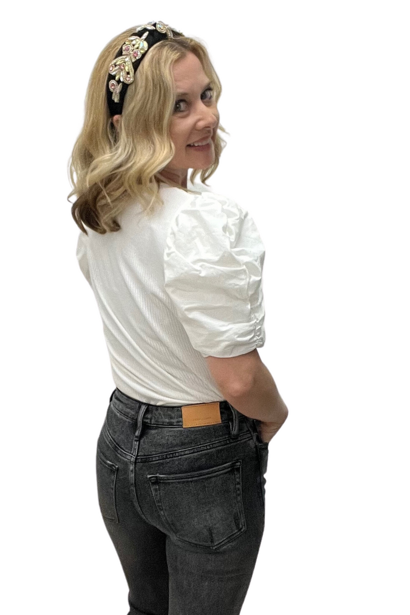 Ribbed Top with Contrast Puff Sleeve