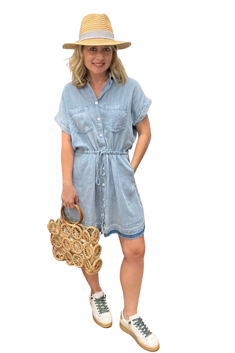 Chambray Dress with Cinched Tie Waist