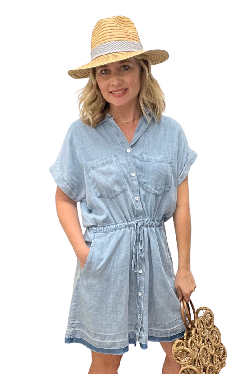 Chambray Dress with Cinched Tie Waist