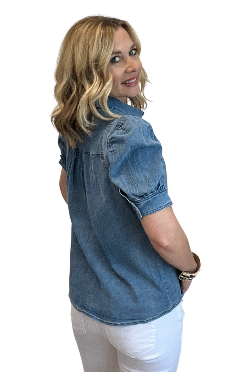 Short Puff Sleeve Denim Top