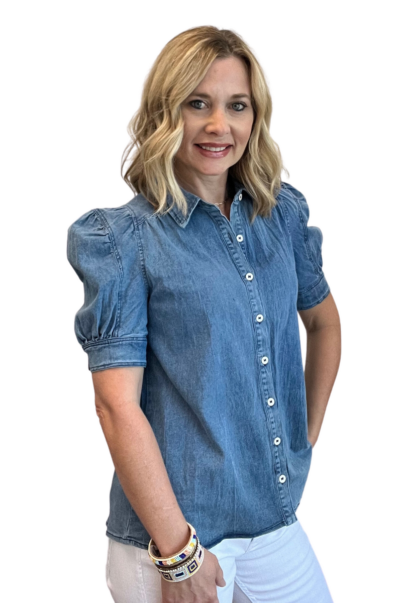 Short Puff Sleeve Denim Top