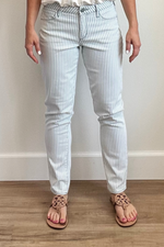 striped navy and white straight leg jeans