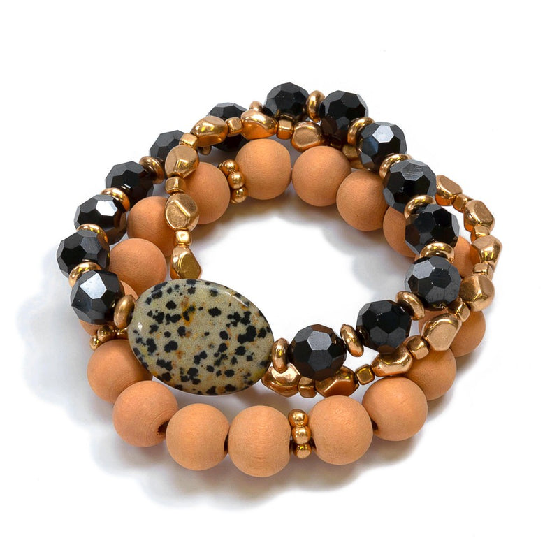 Set of 3 Bracelets with Wooden Beads and Semi-Precious Focal