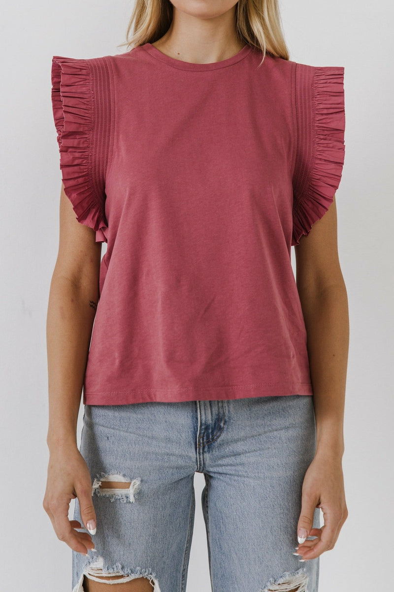 Poplin Knit Mixed Ruffle Top