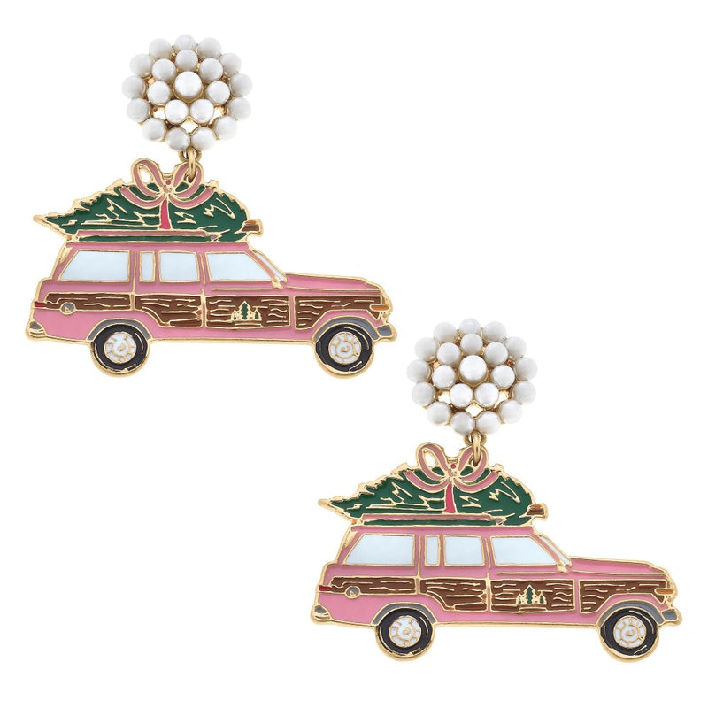Pearl Cluster Earring with Griswold Christmas Station Wagon