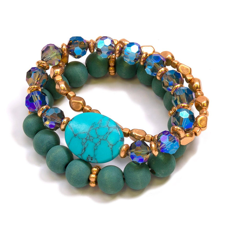 Set of 3 Bracelets with Wooden Beads and Semi-Precious Focal